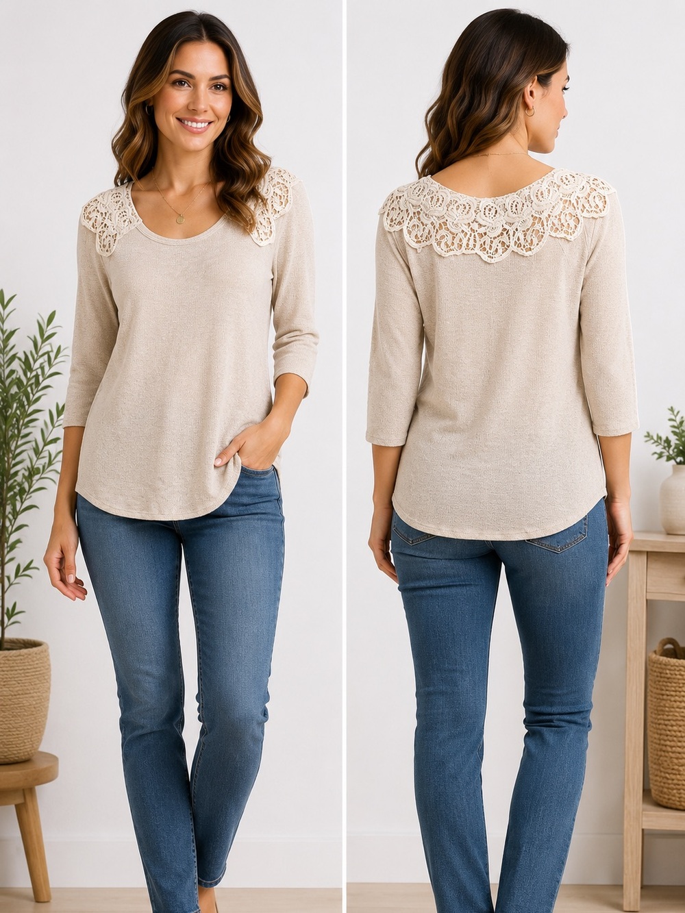 Charming Charlie Cream Crochet Lace Shoulder Knit Top Size Small